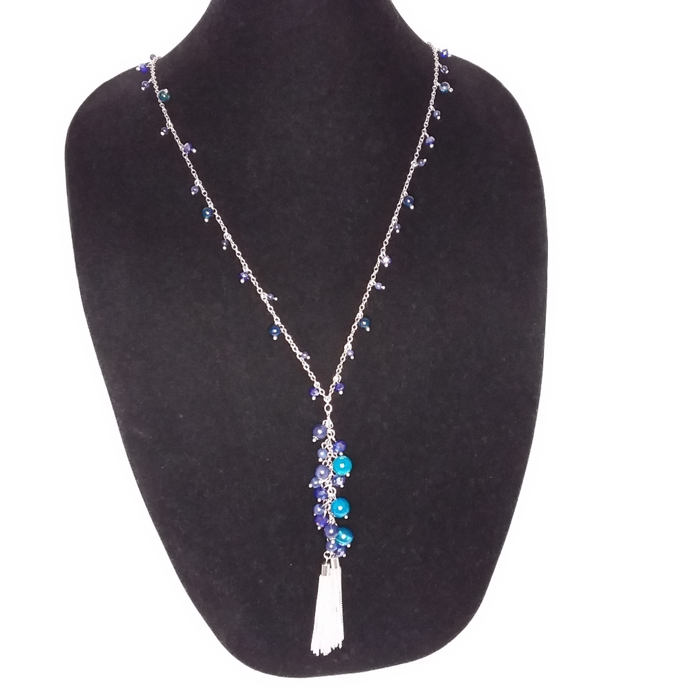 Tassel Necklace Blue Beads Silver Tone C 1946